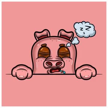 Sleep Face Expression With Pig Cartoon. Stock Illustration