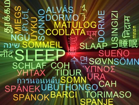 Sleep multilanguage wordcloud background concept glowing Stock Illustration