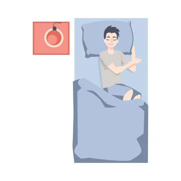 Sleep position on back, guy sleeping on pillow under blanket top view. Stock Illustration