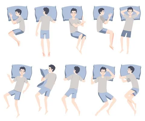 Sleep position set - cartoon man with pillow sleeping in different poses Stock Illustration