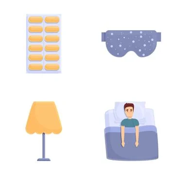 Sleep problem icons set cartoon vector. Man lies in bed and cannot sleep イラスト素材