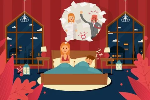Sleep problems due to work stress, angry boss. Tense, upset wife in bedroom Stock Illustration