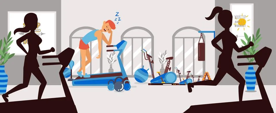 Sleep problems in gym, exhausted guy on treadmill, vector illustration. Athlete Stock Illustration