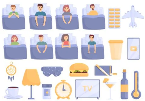 Sleep problems icons set cartoon vector. Sleep pillow and mask Stock Illustration
