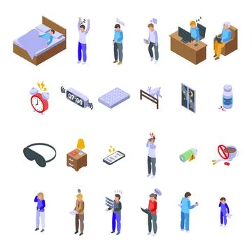 Sleep problems icons set, isometric style Stock Illustration