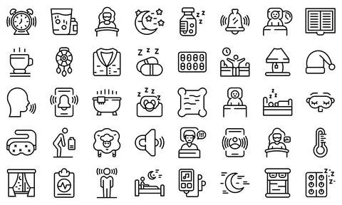 Sleep problems icons set, outline style Stock Illustration