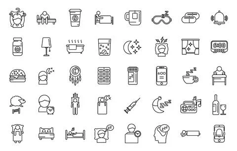 Sleep problems icons set outline vector. Sleep mask Stock Illustration