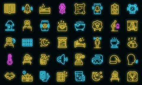 Sleep problems icons set vector neon Stock Illustration