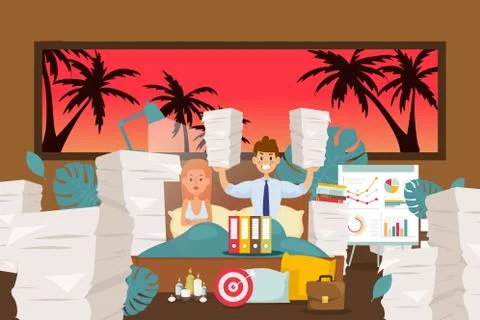 Sleep problems, workaholic neglects rest vector illustration. Man transferred Stock Illustration