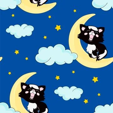 Sleep Seamless Pattern BLACK CAT Color Vector Illustration Stock Illustration
