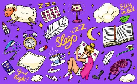 Sleep time concept. Hand drawn night background. Sheep Pillow, Girl in dream in Stock Illustration