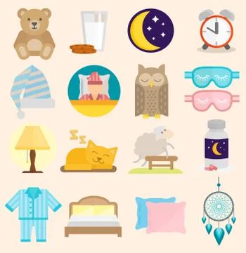 Sleep time icons flat set with window milk isolated illustration sleep icons Stock Illustration