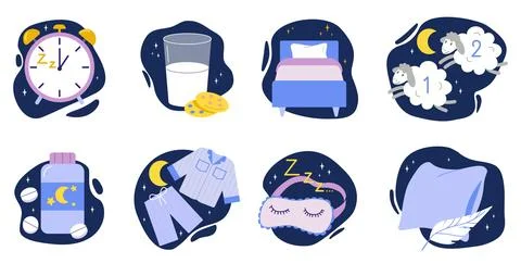 Sleep time. Nighttime relaxation. Soft feather pillow. Alarm clock. Night mask Stock Illustration