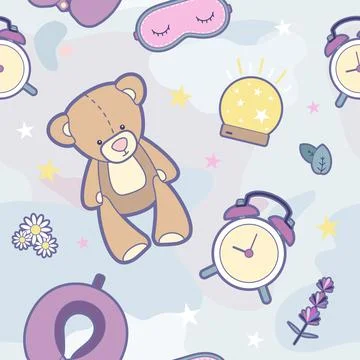 Sleep time vector seamless pattern. Illustration items vector set for good sleep Illustrazione stock