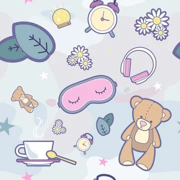 Sleep time vector seamless pattern. Illustration items vector set for good sleep Stock Illustration