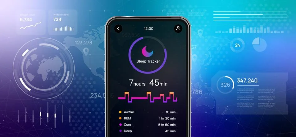 Sleep tracker application on smartphone screen showing quality monitoring 库存插图