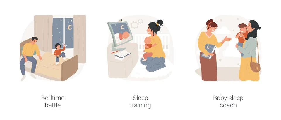 Sleep training isolated cartoon vector illustration set. Stock Illustration