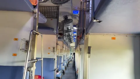 Sleeper Berths and Narrow Aisle Inside Indian Railways Express Passenger Train. Stock Footage 346473103