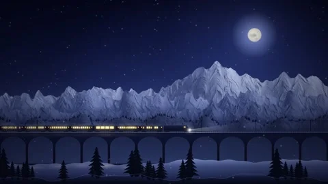Sleeper Night Train Crossing Snowy Mountain Viaduct Seamless Loop Stock-Footage 346879020