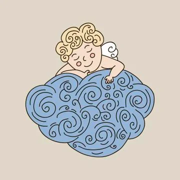 Sleeping angel on cloud. Vector hand drawn illustration with sleeping angel.. Stock Illustration