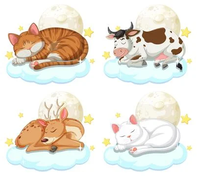 Sleeping Animals on Clouds Under Full Moon Illustration Stock Illustration