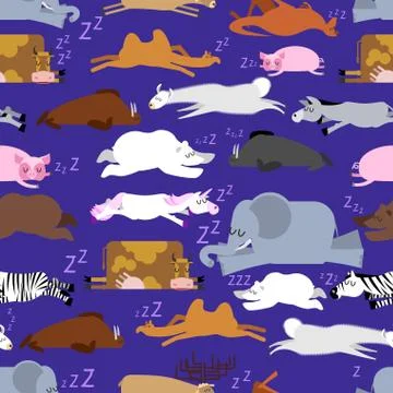 Sleeping animals seamless pattern. Seal and deer. Crocodile and camel. Zebr.. Illustrazione stock
