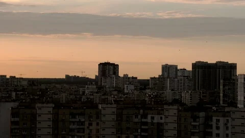 Sleeping area with old multi storey panel houses with sunset reflections. Stock Footage 165058041