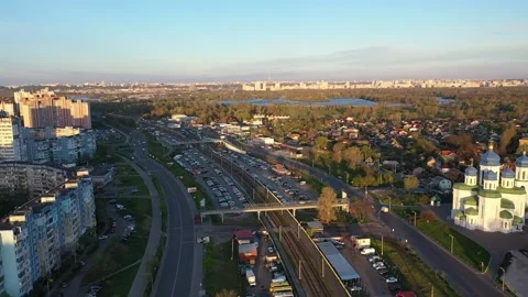 Sleeping area with private sector and church, drone flight over tram tracks Stock Footage 165078199