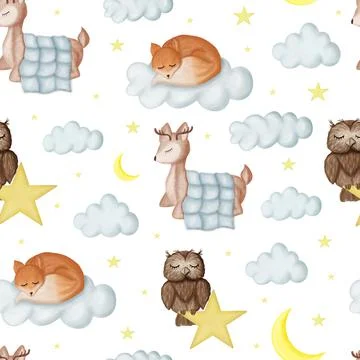 Sleeping baby animals pattern with deer, owl and fox on white background 스톡 일러스트