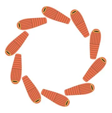 Sleeping bag circle frame. Simple red camp bed border. Camping shelter in nature Stock Illustration