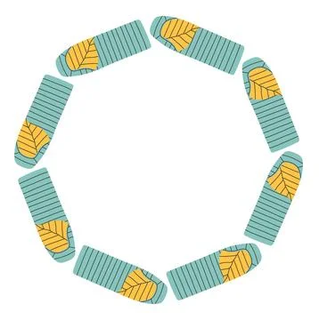 Sleeping bag circle frame. Simple blue yellow camp bed border. Camping shelter Stock Illustration