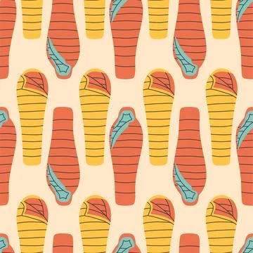 Sleeping bag seamless pattern on beige background. Summer camp pattern design in Stock Illustration