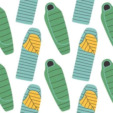 Sleeping bag seamless pattern on white background. Summer camp pattern design in Illustrazione stock
