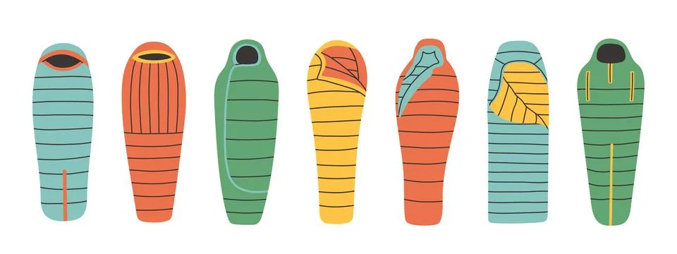 Sleeping bag set. Simple sleeping bag collection for outdoor. Various styles and Stock Illustration