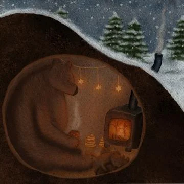 Sleeping bear in the burrow winter forest trees, Snow is falling illustration Ilustración de archivo