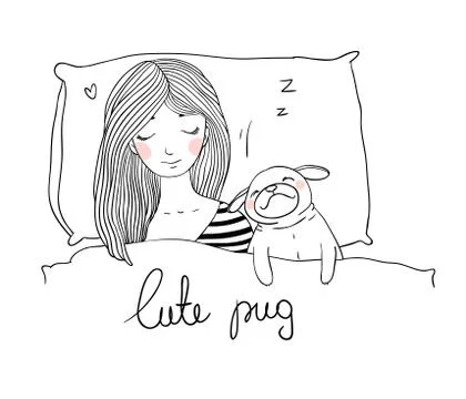 Sleeping beautiful young girl and a cute pug Stock Illustration