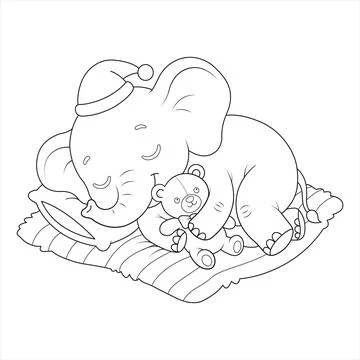 Sleeping bedtime teddy bear elephant resting on pillow wearing nightcap hug.. Stock Illustration