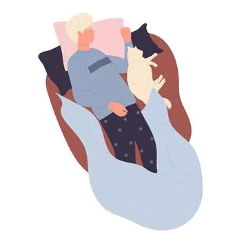 Sleeping boy in bed with cat Illustrazione stock