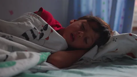 Sleeping boy resting peacefully in bed at home, calm childhood bedtime mome.. Stock Footage 342815068