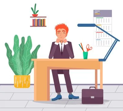 Sleeping businessman vector flat illustration man with closed eyes at a table in 스톡 일러스트