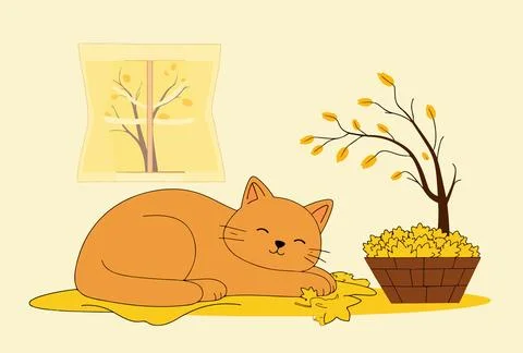 Sleeping Cat in Autumn Stock-Illustration