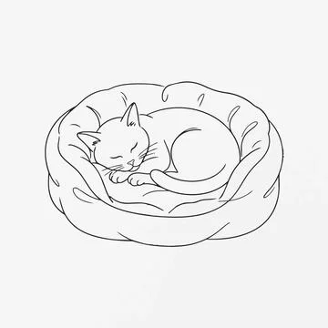 Sleeping cat in cozy bed, line art pet illustration Silhouette Stock Illustration
