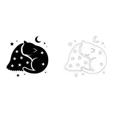 Sleeping cat curled up with a moon and stars, black and white for nursery d.. 库存插图