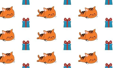 Sleeping cat with gift box in seamless pattern. Stock Illustration
