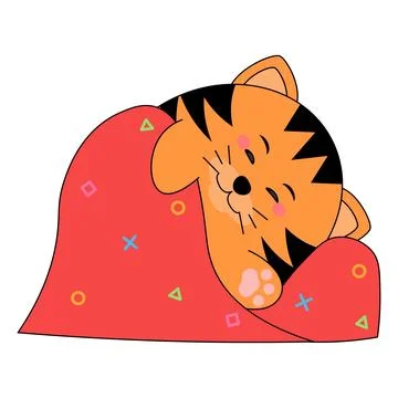 Sleeping cat sleeping under warm blanket cozy bed vector illustration isolated Stock Illustration