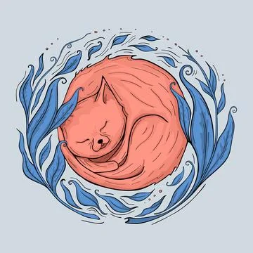 A sleeping cat surrounded by leaves Stock Illustration