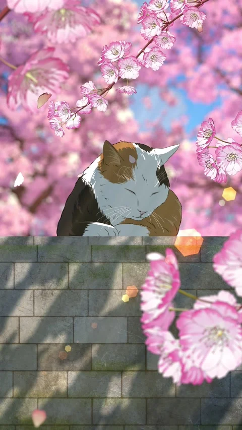 Sleeping Cat Under Sakura Blossoms Loop Animation vertical 4k Stock Footage 335078743