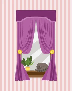 Sleeping cat on window sill with curtains cartoon flat vector illustration. Stock Illustration