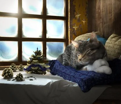 Sleeping cat on winter window background concept composition 3d render Stock Illustration