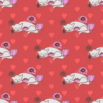 Sleeping cats among flowers vector repeat seamless pattern Stock Illustration